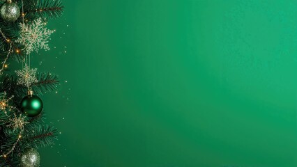 Seasonal holiday imagery showing Christmas and New Year ornaments on a green background with glass ball decorations. Area left for text.