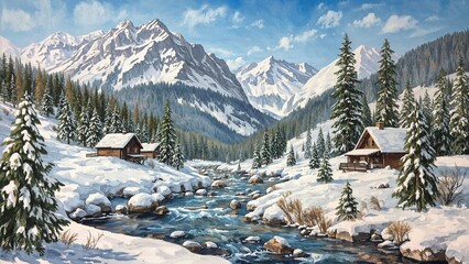 A painting illustrating a serene alpine winter vista including snow-laden trees, a crystal-clear stream, and wooden lodges beneath a bright blue sky.