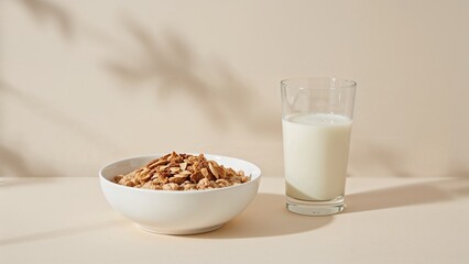 Healthy breakfast bowl filled with flakes accompanied by a non-dairy organic beverage
