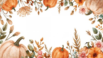Artistic hand-drawn botanical composition in watercolor highlighting autumn harvest motifs like pumpkins and dried flowers