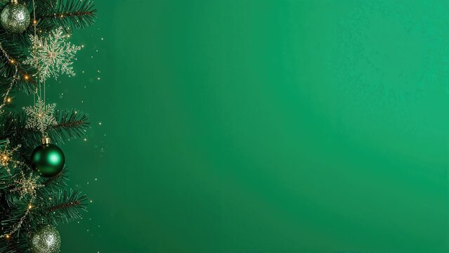 Seasonal holiday imagery showing Christmas and New Year ornaments on a green background with glass ball decorations. Area left for text.