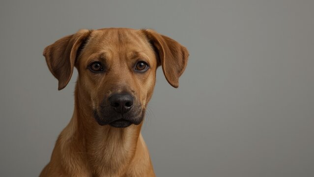 Portrait of a bird-flushing dog on a simple grey surface