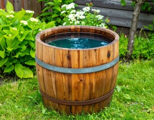 Rustic wooden rain barrel filled with water for sustainable gardening, standing on a green lawn in a lush backyard.