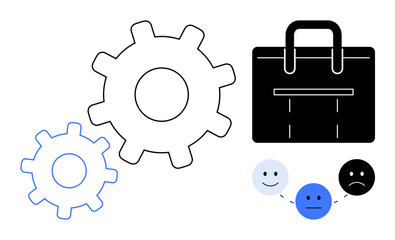 Two gears, a briefcase, and three connected emotive faces transition from happy to sad. Ideal for workflow, teamwork, management, productivity, decision-making feedback emotions. Simple flat