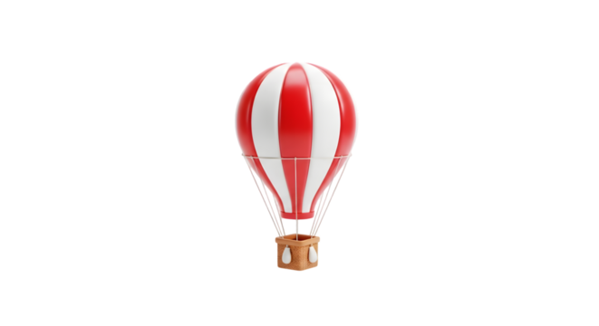 Red and white striped hot air balloon with basket, isolated on transparent background