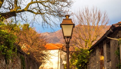 Old-fashioned lamp post in a quaint European alleyway