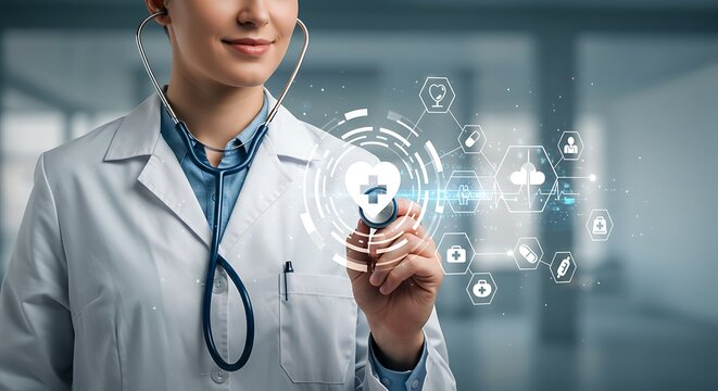 female doctor holding a stethoscope. doctor using futuristic digital interface for health insurance and medical technology. - Powered by Adobe