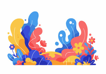 Naklejka premium Colorful illustration of stylized plants and flowers in shades of blue, yellow, red, and pink against a white background.
