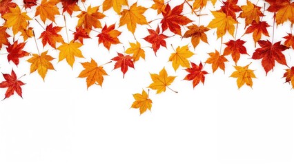 Falling dry leaves against a white backdrop