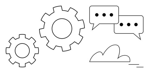 Gears in motion alongside speech bubbles and a cloud suggest teamwork, innovation, and communication. Ideal for business process, technology, brainstorming, AI, cloud service, networking simple flat