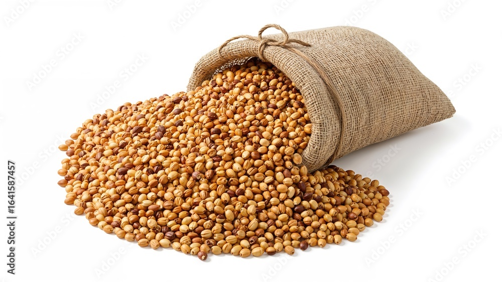 Poster dried maize kernels inside a jute bag on a white backdrop with clipping path.