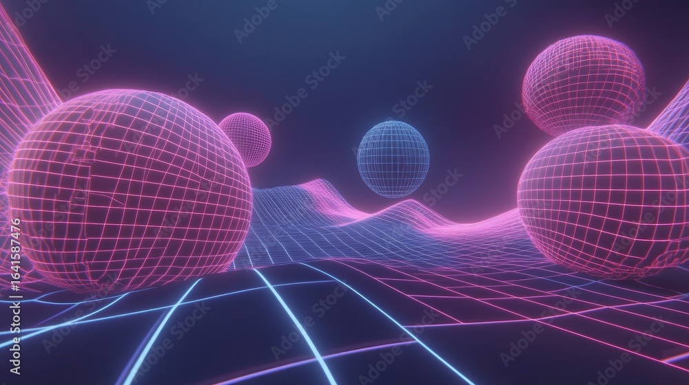 Poster luminous wireframe spheres floating over a retro-futuristic neon grid landscape