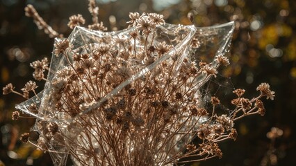 Cobweb-Covered Dry Flowers in a Bright Garden