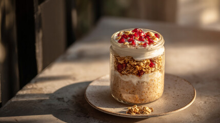 Oatmeal with granola and pomegranate in clear jar topped with white yogurt. Moonlight and stone table set a calm late evening mood