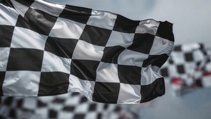 Wavy checkered flag captured in freeze frame against racing backdrop