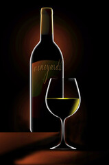 A dramatic rim light outlines a bottle and glass of white wine with light sparkling on the surface of the wine.