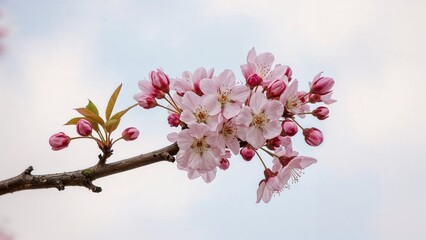 Close-up of a blooming branch with white and pink flowers under a clear sky