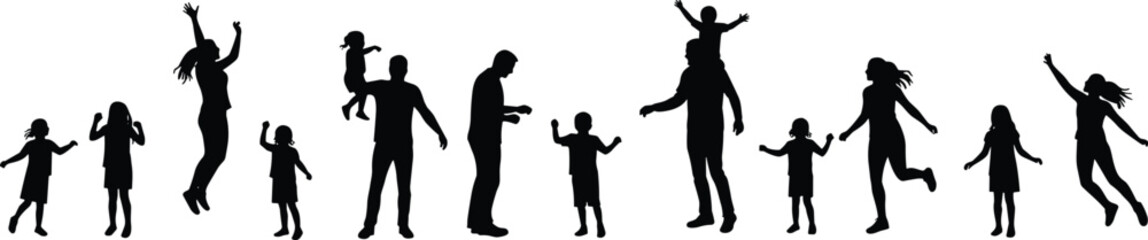 Family silhouette jumping, children playing, parents with kids, joyful interaction vector, happy family illustration, parenting moments, outdoor fun