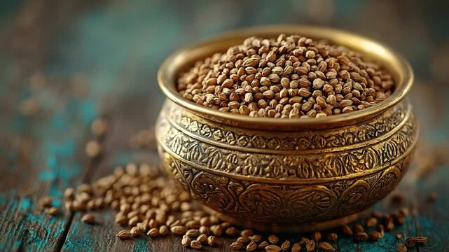 close-up of ajwain seeds in a traditional indian brass spice container zoom out video