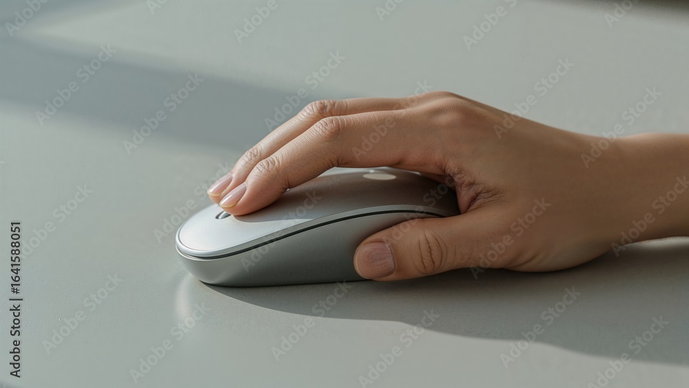 Poster hand clicking a white mouse on a workspace surface in close view