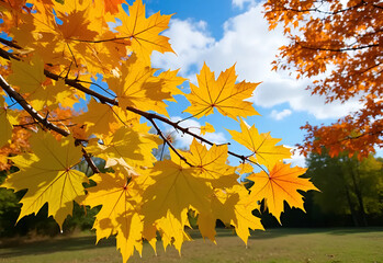 Golden Autumn Maple Leaves Against a Bright Blue Sky