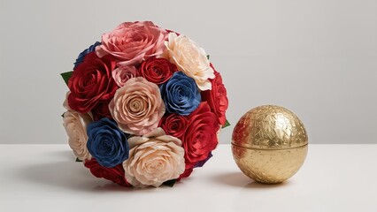 Luxurious Paper Floral Arrangement Featuring Glossy Orb and Embossed Details on White Background with Renaissance Hues