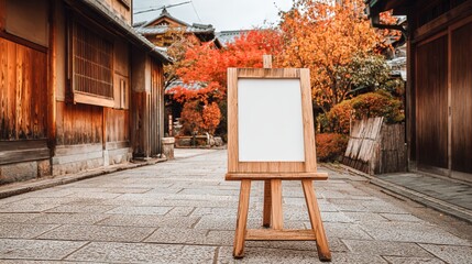 Easel with a blank canvas in a Japanese street surrounded by autumn foliage creates an invitation