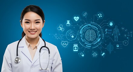 female doctor holding a stethoscope. smiling female doctor with futuristic medical technology and digital healthcare interface.