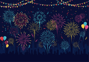 Fototapeta premium A vibrant illustration showcasing colorful fireworks exploding in a night sky above a city silhouette, with festive bunting and balloons.