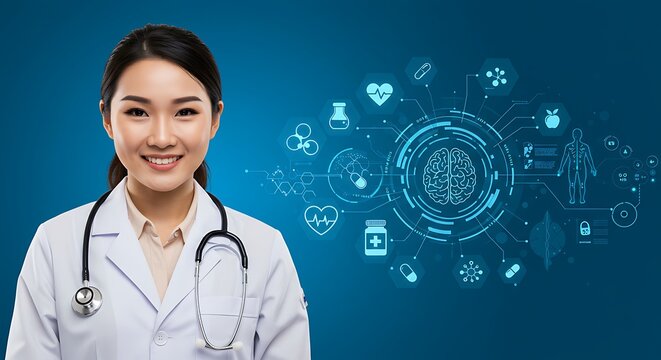 female doctor holding a stethoscope. smiling female doctor with futuristic medical technology and digital healthcare interface. - Powered by Adobe