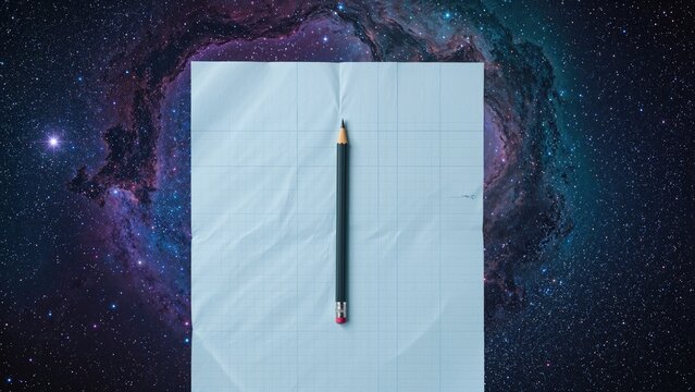 Close-up of a technical pencil on checkered paper with a space-themed background