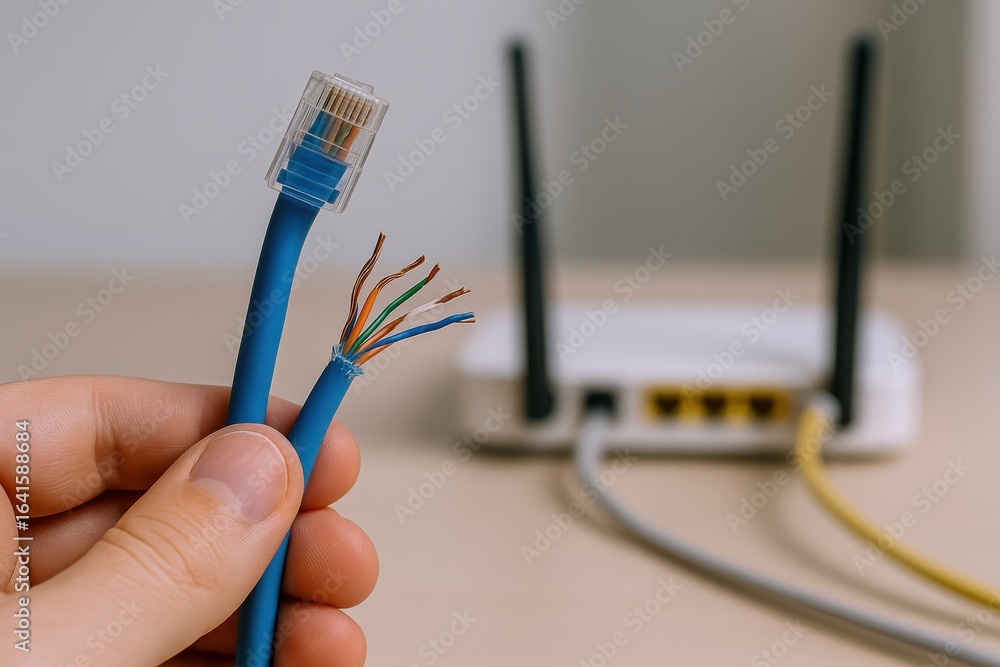 Poster damaged ethernet cable held in hand with router in background showing connectivity issues