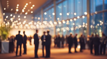 Blurred Corporate Event: Elegant Evening Gathering with Attendees in a Spacious Hall