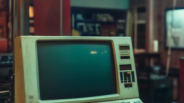 Old computer showing green screen sitting on desk in retro room