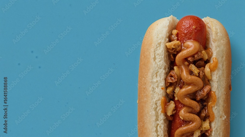 Poster zoomed-in picture of a sausage in bread with mustard and tomato, set on a blue background with empty