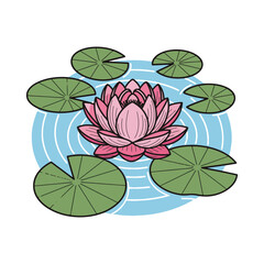 Naklejka premium Pink lotus flower in a pond with stylized lily pads and a circular water pattern.
