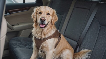 Dog equipped with safety harness attached to car seatbelt for secure ride