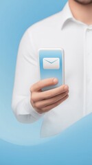 Hand holding smartphone with email icon on screen, showcasing modern communication technology against a soft blue background, representing digital connectivity and interaction