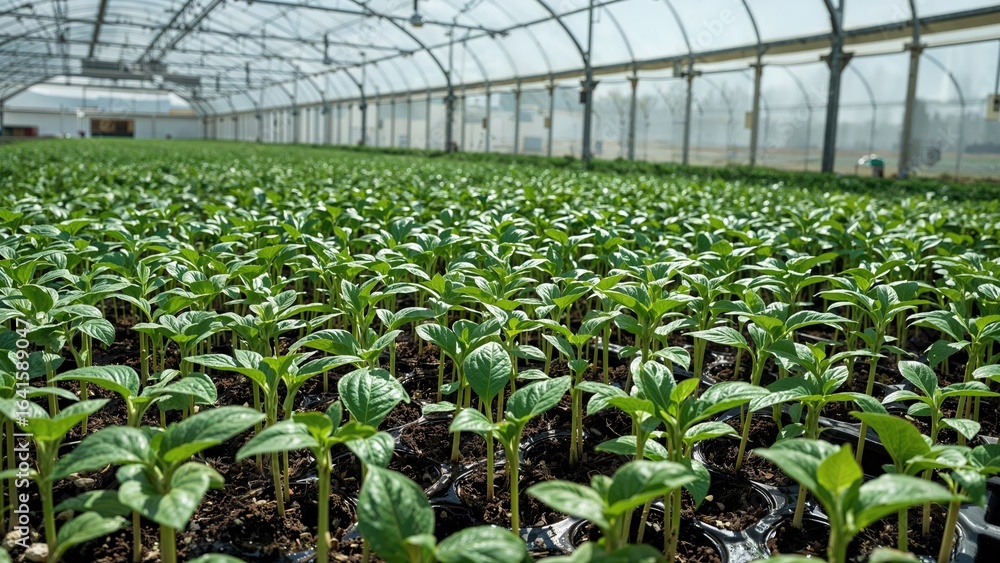 Aufkleber seedlings emerging from trays in a controlled nursery environment.