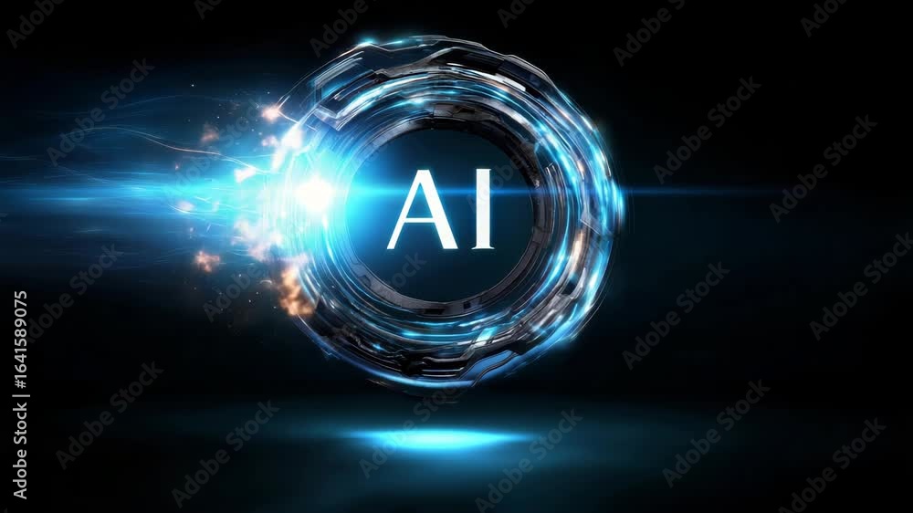 Poster futuristic concept of artificial intelligence with vibrant circular design and glowing elements on d
