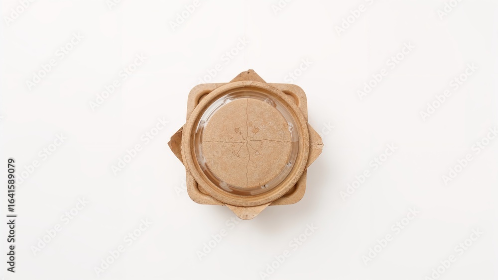 Poster single-use kraft paper container with transparent cover shown from above on plain background