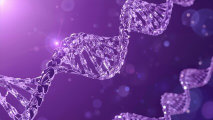 Zoomed-in depiction of DNA against a dark violet background infused with lavender tones.