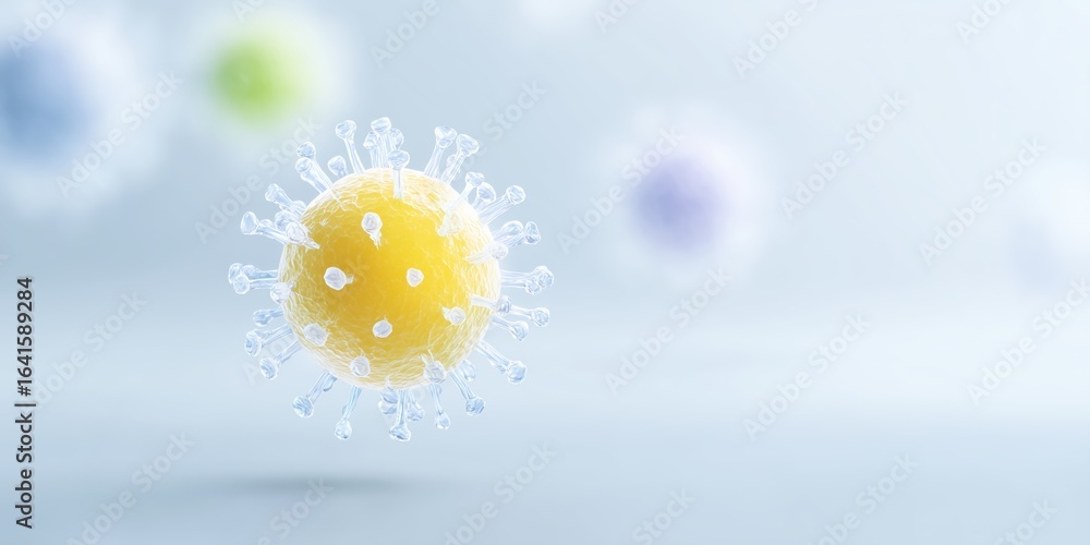 Poster colorful virus illustration with a yellow core and transparent spikes, floating against a soft gradi
