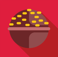 Round chocolate candy with nuts topping on red background representing a delicious snack for children and adults