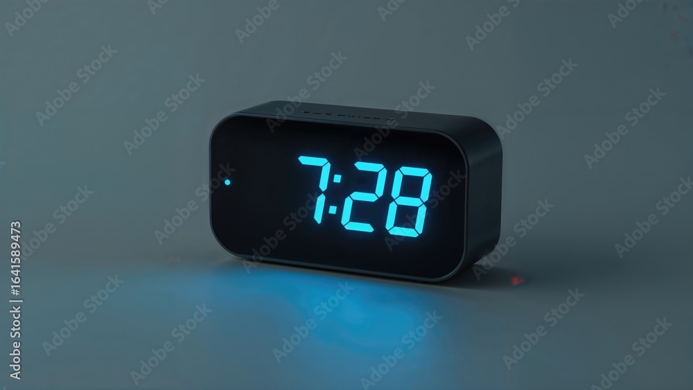 Poster grey background featuring a digital clock reading 7:28