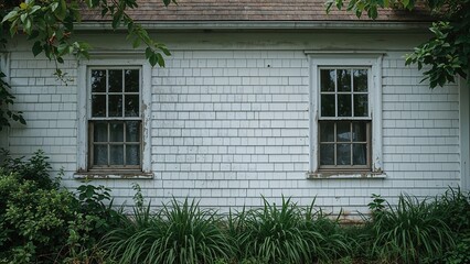 Heritage dwelling facade showcasing white siding and abundant green surroundings