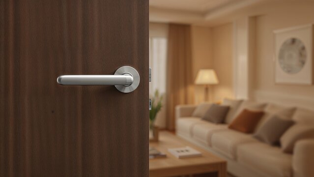Digital access handle on a wooden door partially opened to a living room, emphasizing security features
