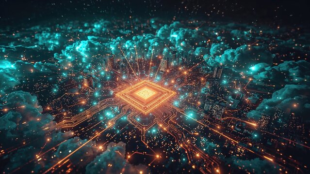 Graphic of artificial intelligence and data safety in cyber networks. Quantum processor schematic concept. - Powered by Adobe