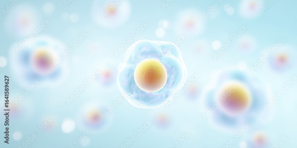 Poster abstract illustration of colorful cells with soft glowing edges, floating in a serene blue backgroun