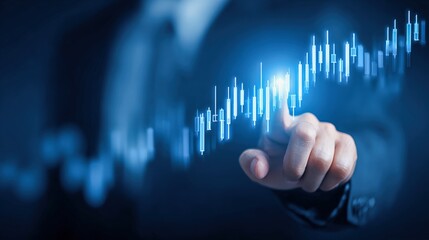 Businessman Analyzing Financial Growth Chart on Digital Interface, Pointing to Ascending Stock Market Trends